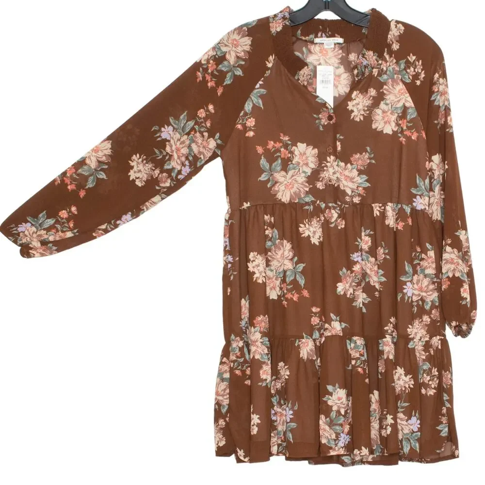 NWT American Eagle Dress Floral Cottage Boho Romantic Feminine Prairie Brown XS